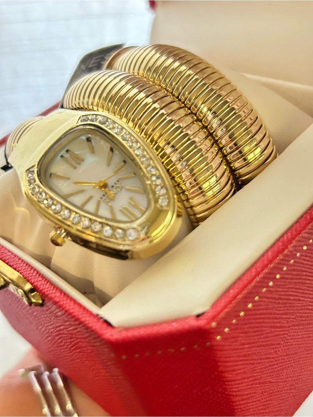 Jones New York Gold Toned Coil Bracelet Watch with Crystal Accents